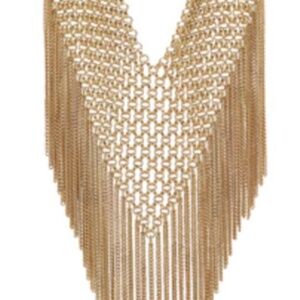 FRINGE BENEFITS BIB NECKLACE, 15 INCHES LONG & 3.5 INCH EXTENDER, METAL FRINGE,